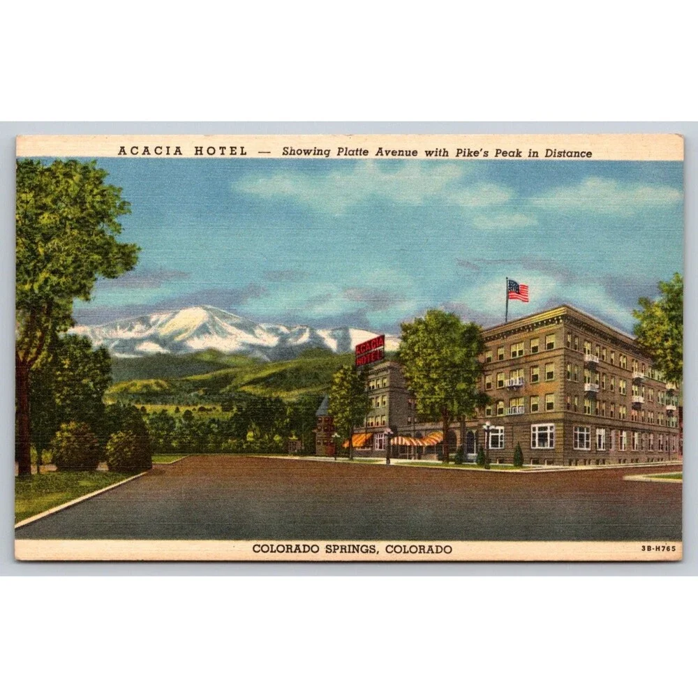 Acacia Hotel Colorado Springs CO Pikes Peak View Linen Postcard 1943 *READ TRIM*